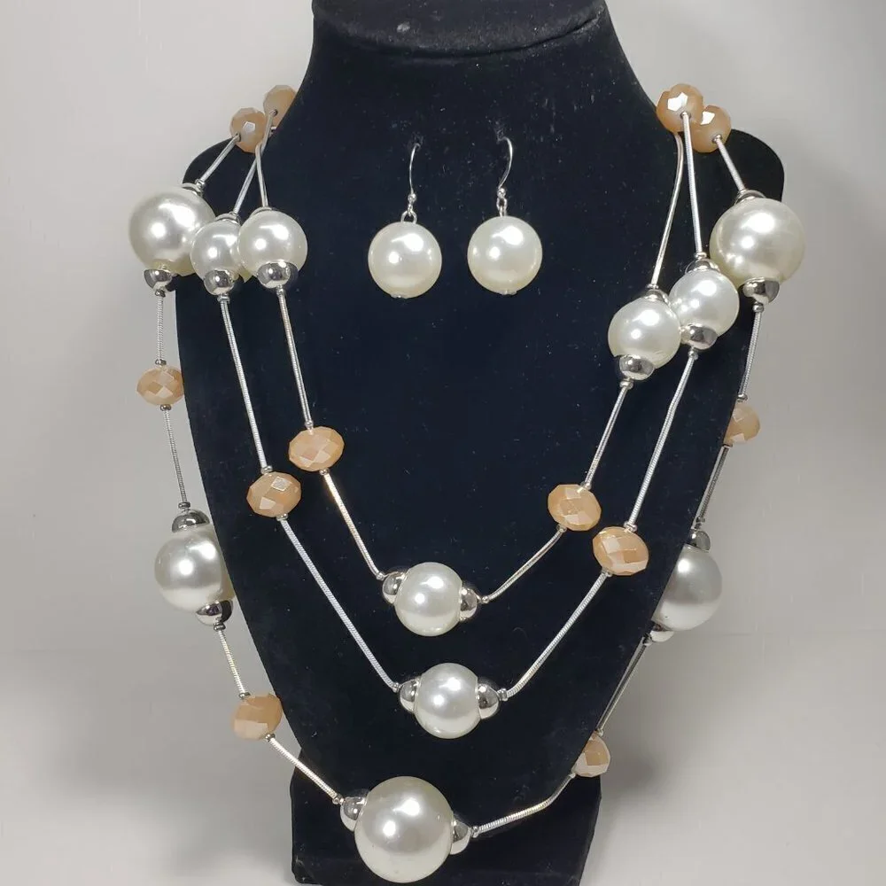 Multi Strand  Silver, Ivory & Cream color Beaded Necklace & Earrings  Jewelry
